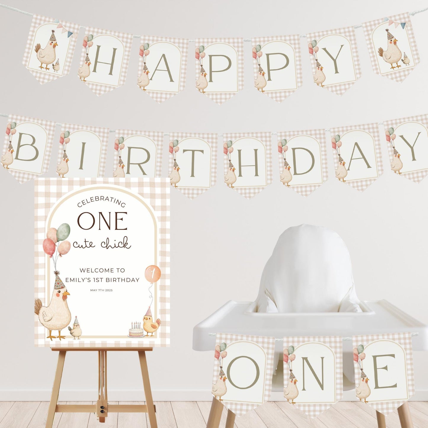 One Cute Chick First Birthday Party Sign Happy Birthday Banner Chicken 1st Birthday Bunting This Chick is One Birthday Party Chicken Banner