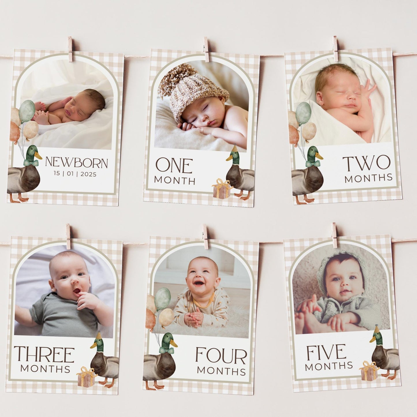 One Lucky Duck Birthday Photo Milestone Banner Mallard Duck 1st Birthday Bunting Banner Editable Template Monthly Milestone Photo Collage