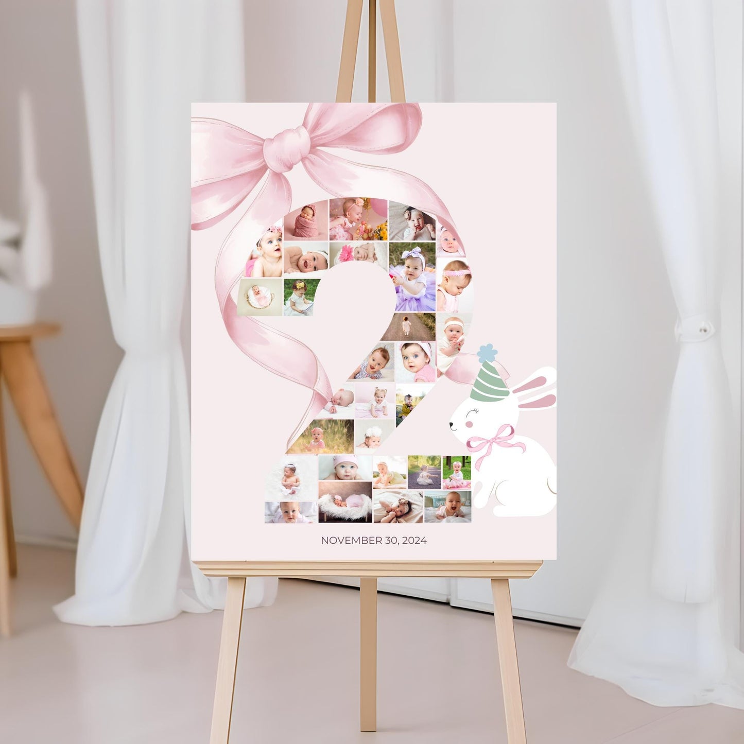 Pink Bow 2nd Birthday Sign Photo Collage Editable Some Bunny is Two second birthday party decor Bunny Photo Banner Milestone photo sign