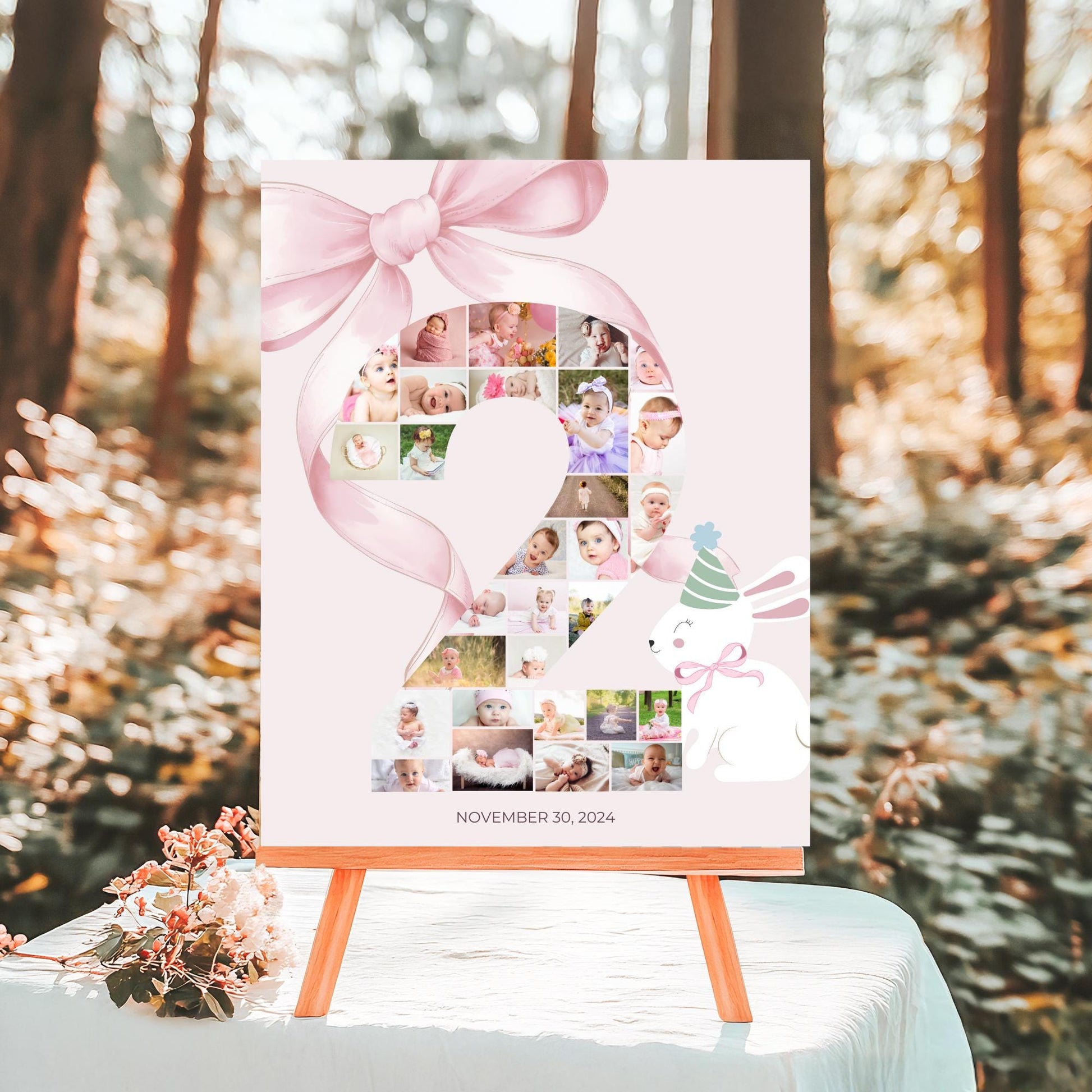 Pink Bow 2nd Birthday Sign Photo Collage Editable Some Bunny is Two second birthday party decor Bunny Photo Banner Milestone photo sign