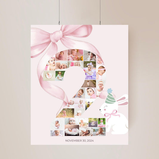 Pink Bow 2nd Birthday Sign Photo Collage Editable Some Bunny is Two second birthday party decor Bunny Photo Banner Milestone photo sign