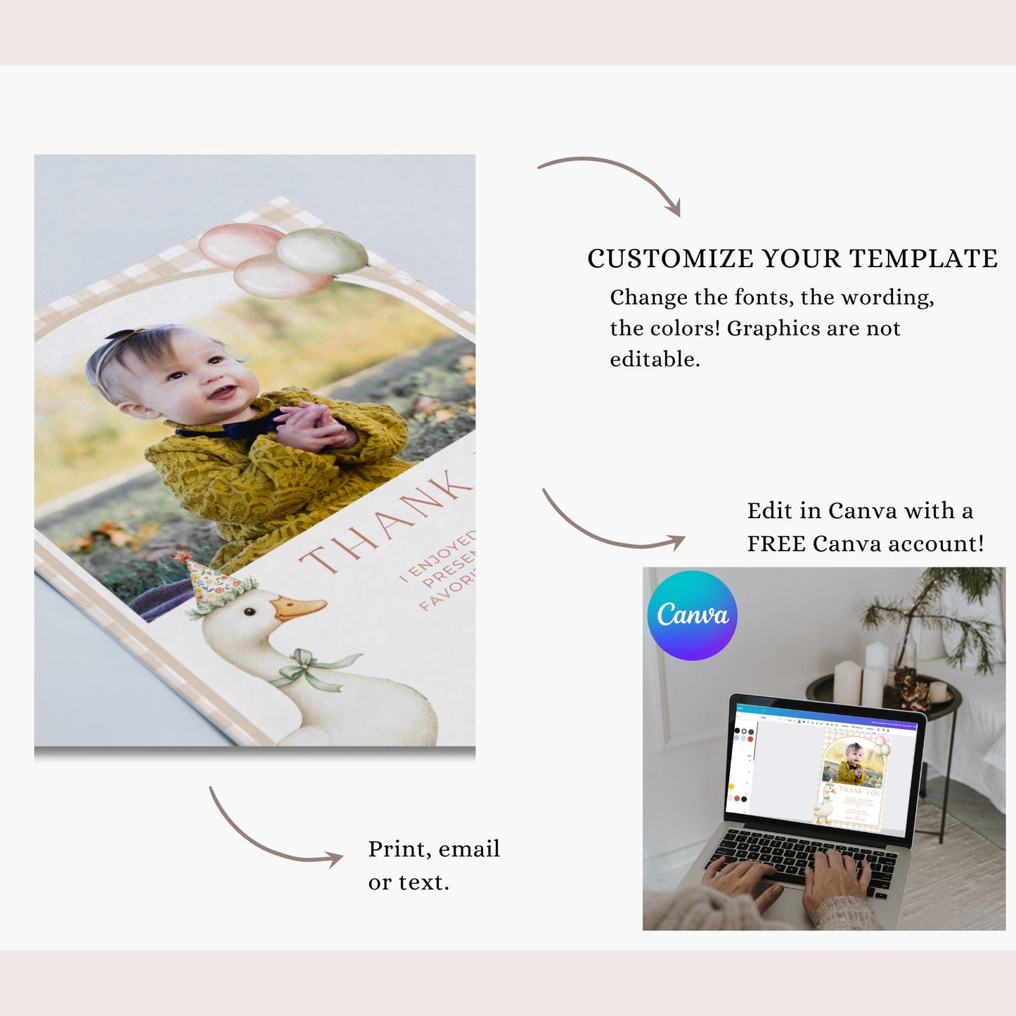 One Silly Goose Birthday Thank you Card 1st Birthday Goose themed First Birthday Favor Tags Editable Template One Lucky Duck party