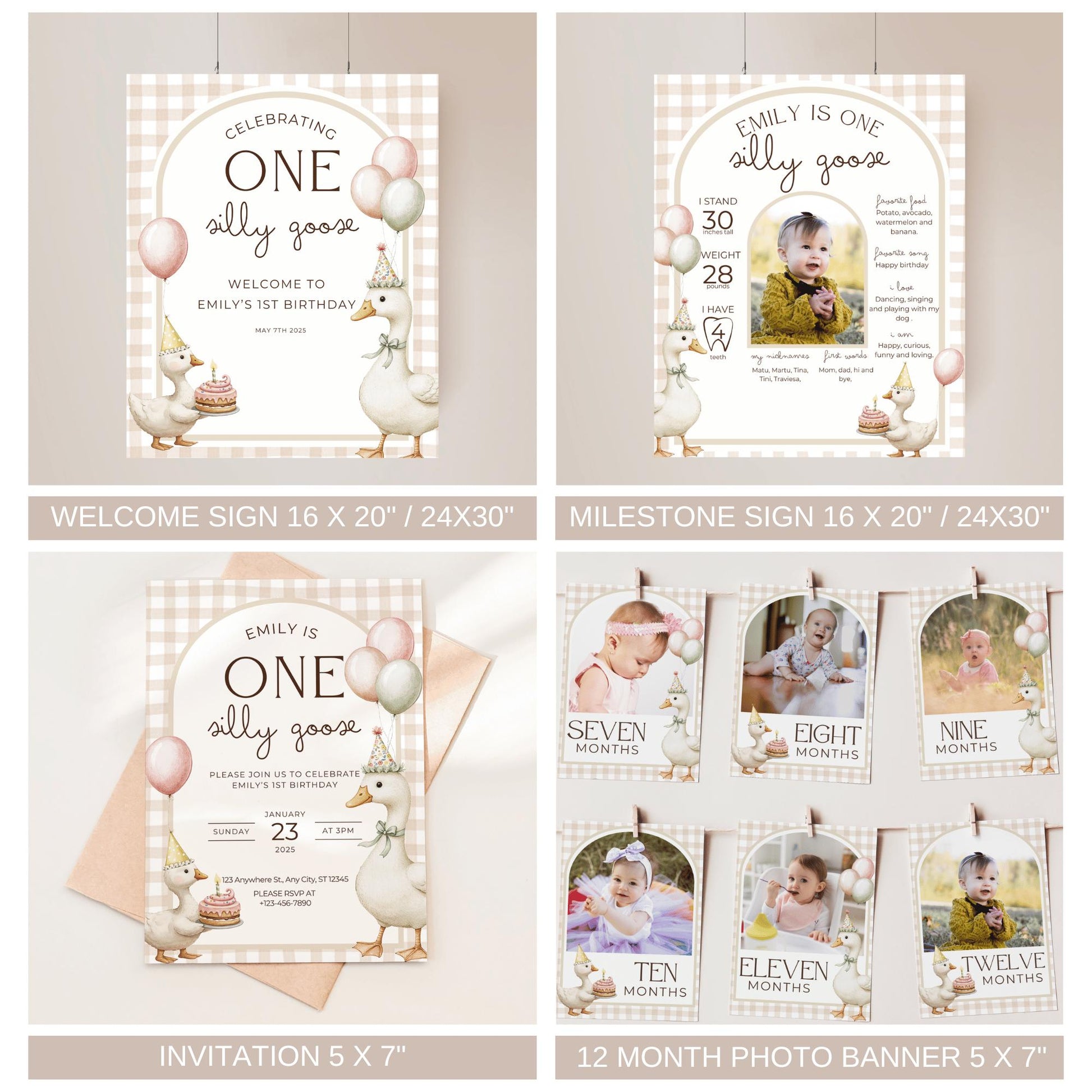 Colorful One Silly Goose Birthday Bundle - Editable Goose Invitation - First Birthday Decor - Party Set