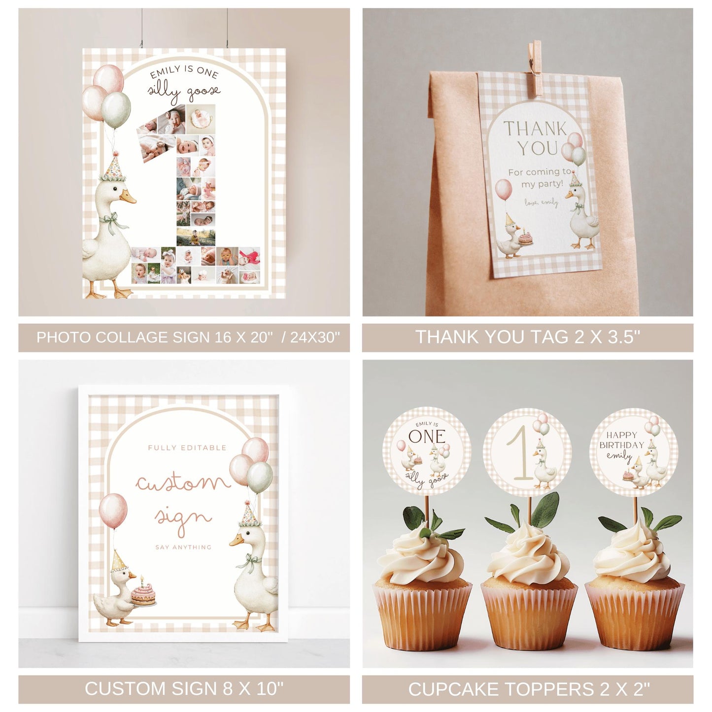 One Silly Goose Birthday Bundle - Vintage Floral Goose Invite - 1st Birthday Templates - Digital Download