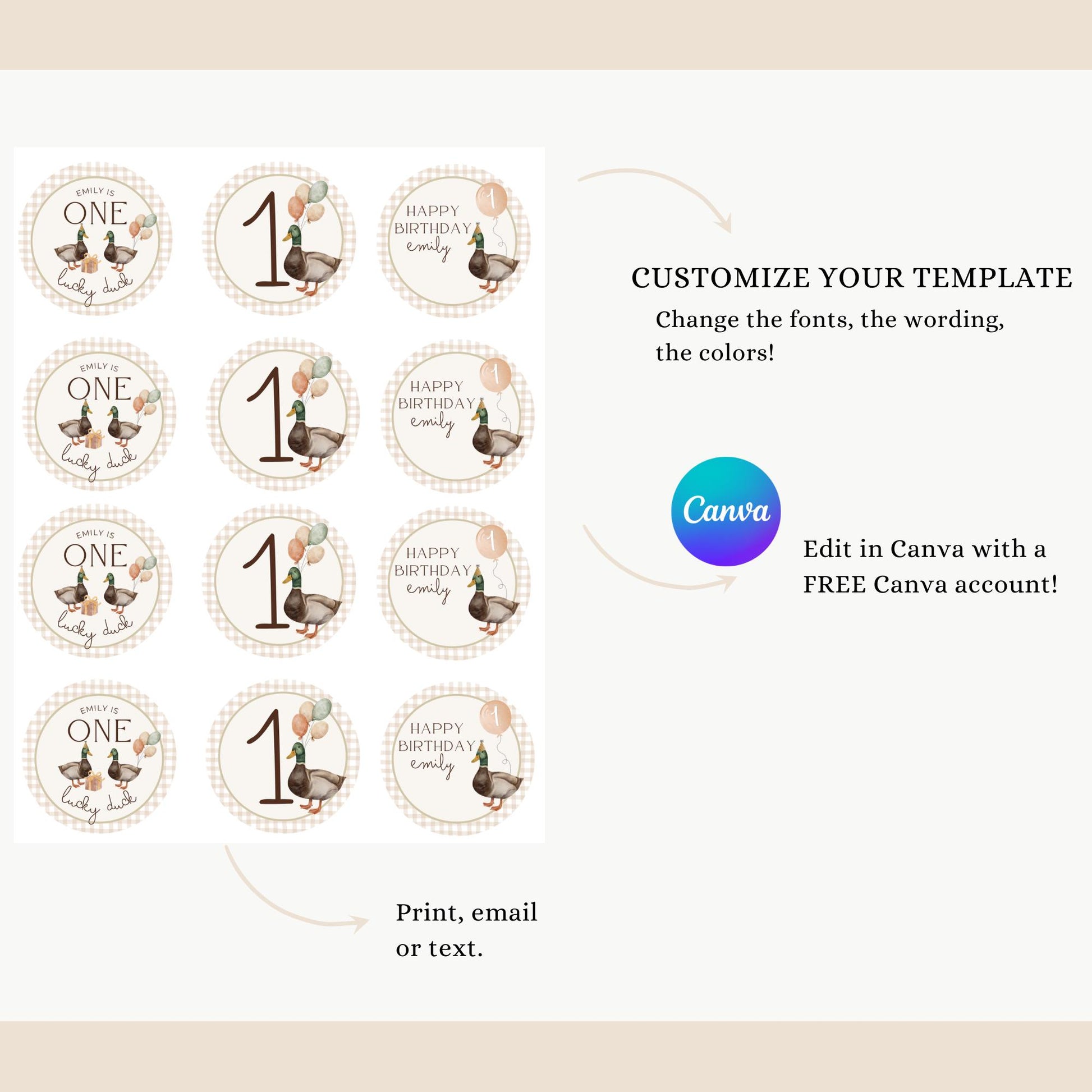 One Lucky Duck Birthday Party Cupcake Toppers Editable Cake topper Mallard duck themed Party First Hunt 1st Birthday Party Gender neutral