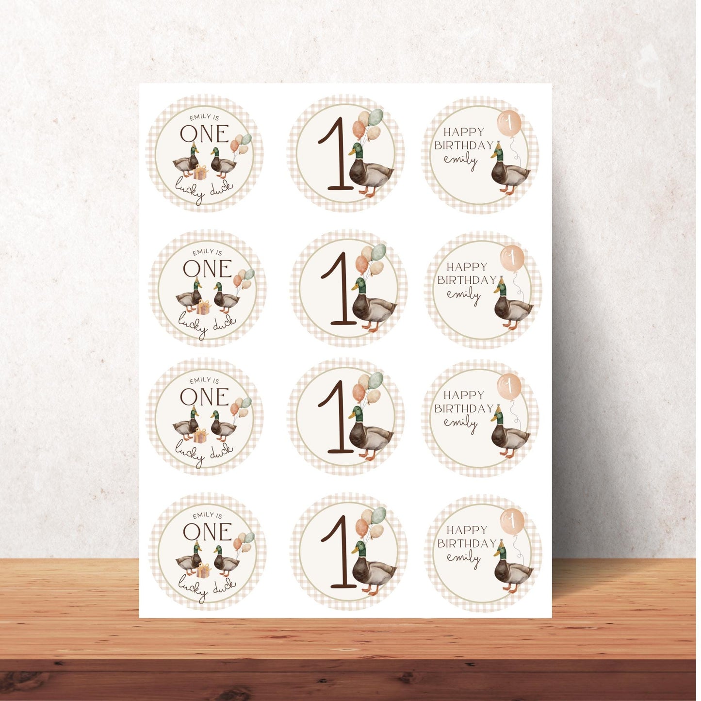 One Lucky Duck Birthday Party Cupcake Toppers Editable Cake topper Mallard duck themed Party First Hunt 1st Birthday Party Gender neutral