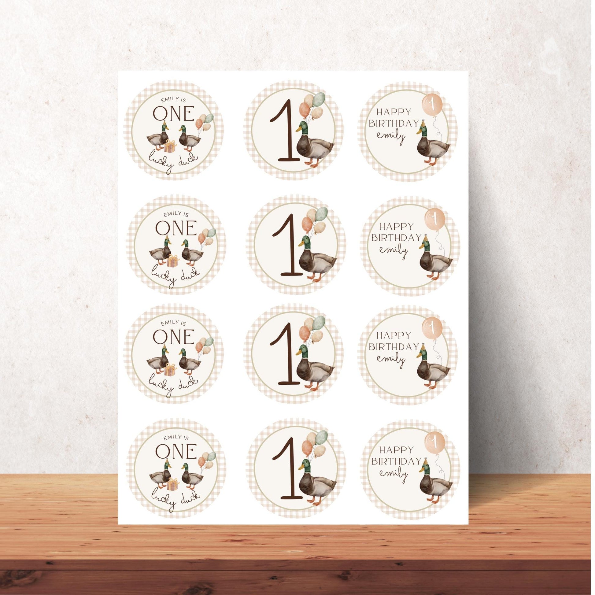 One Lucky Duck Birthday Party Cupcake Toppers Editable Cake topper Mallard duck themed Party First Hunt 1st Birthday Party Gender neutral