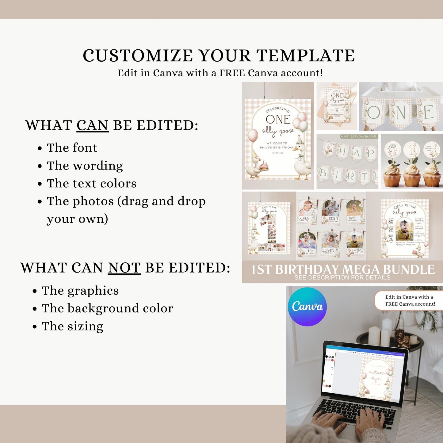 Silly Goose Party, Goose 1St Birthday, Silly Goose Birthday, 1St Birthday Bundle, Silly Goose Decor, Silly Goose Invite, Editable Template, One Lucky Duck, First Birthday Party, Canva Templates, Instant Download, Girls 1St Birthday Silly Goose Bundle