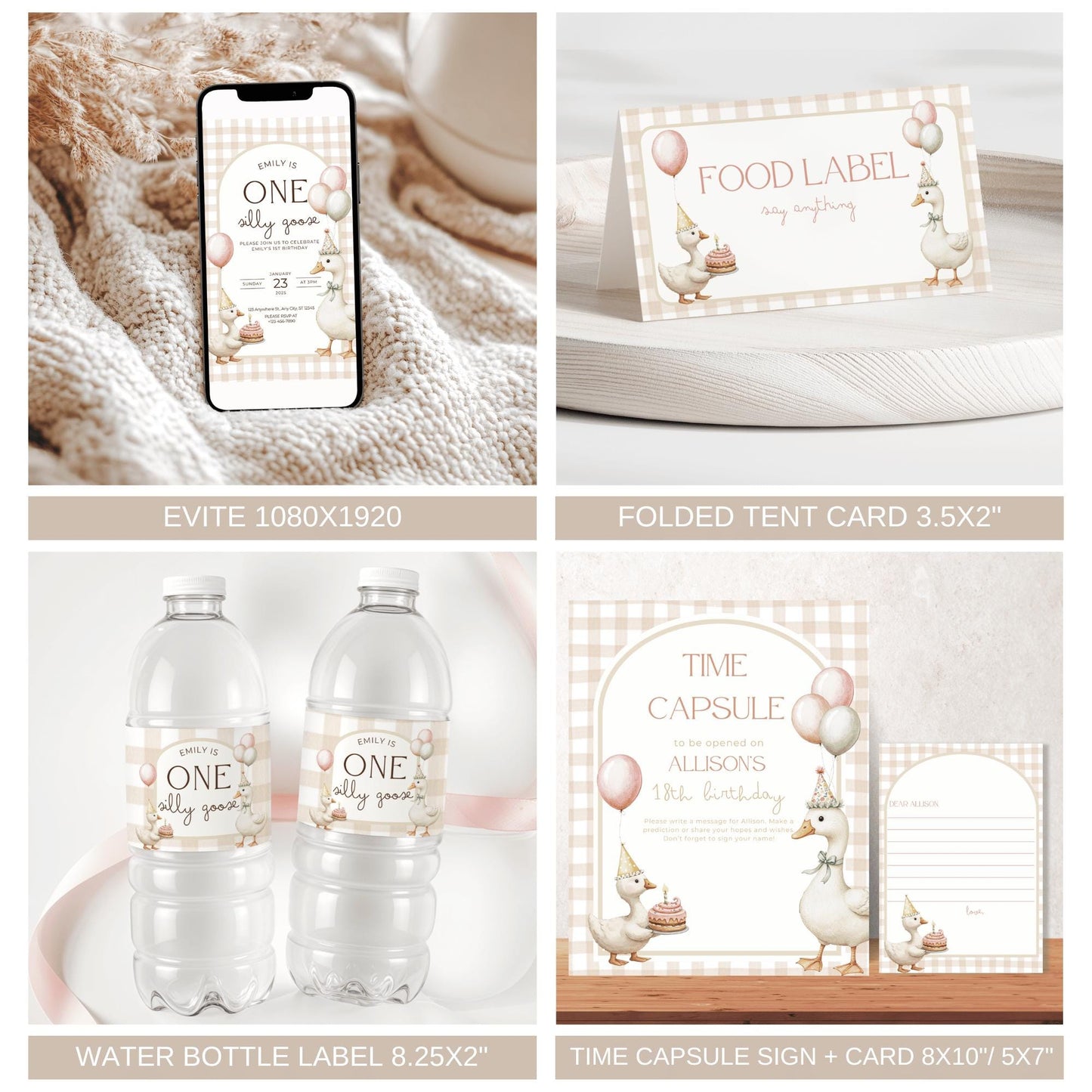 One Silly Goose Bundle, Editable 1st Birthday Invitation & Party Decor, Goose Theme Birthday Set, Instant Download Templates for Kids' Celebrations