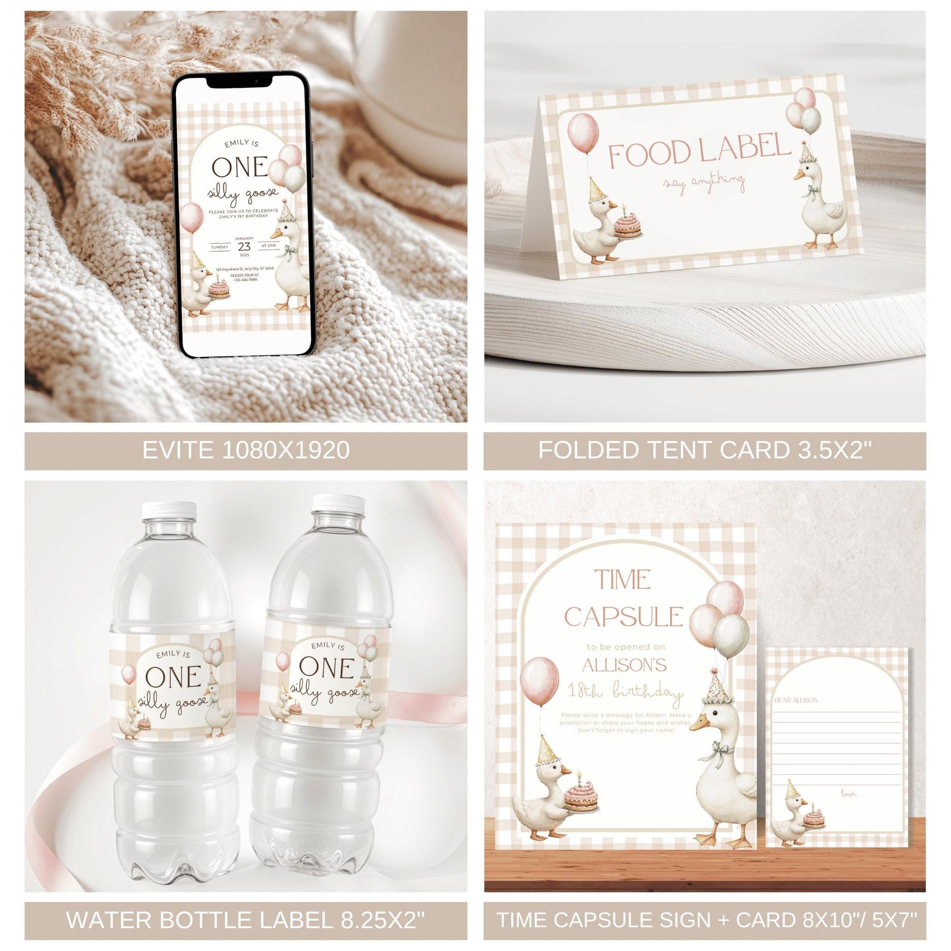 One Silly Goose Bundle, Editable 1st Birthday Invitation & Party Decor, Goose Theme Birthday Set, Instant Download Templates for Kids' Celebrations