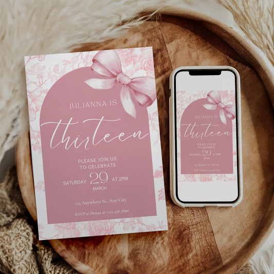 13th birthday invitation girl Pink Coquette Invite 13 year old girl Birthday Girl thirteenth Pink Bow Birthday Teen Birthday Party