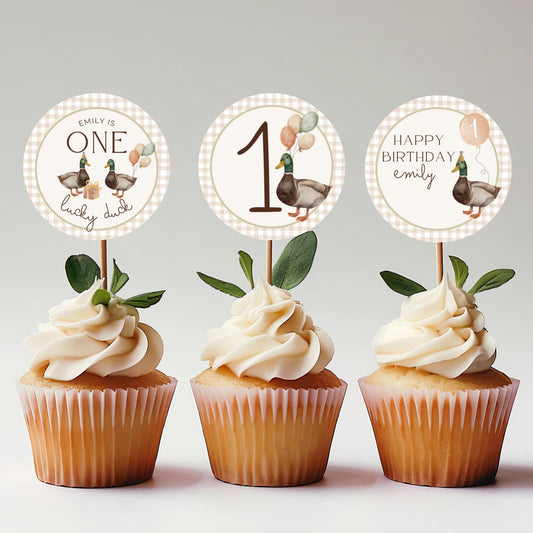 One Lucky Duck Birthday Party Cupcake Toppers Editable Cake topper Mallard duck themed Party First Hunt 1st Birthday Party Gender neutral