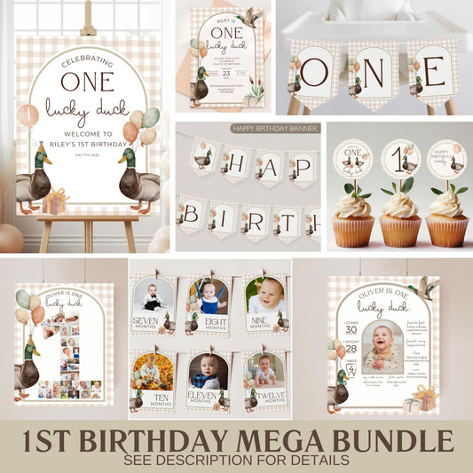 One Lucky Duck Birthday Invite Duck First Birthday Party Decor Mallard Duck 1st Birthday Bundle Duck Theme Party First Hunt Birthday Decor