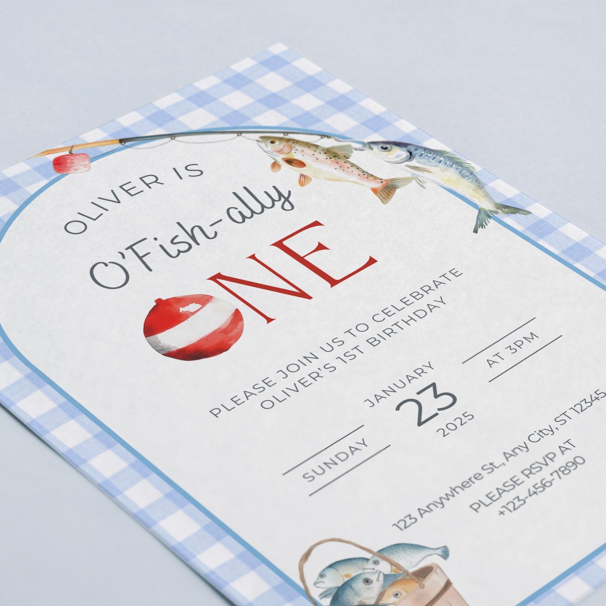 Fishing 1st Birthday Invitation, O Fishally One Invite, Reel in the Fun Fish Theme, Ofishally One Boy Birthday Party Editable Template