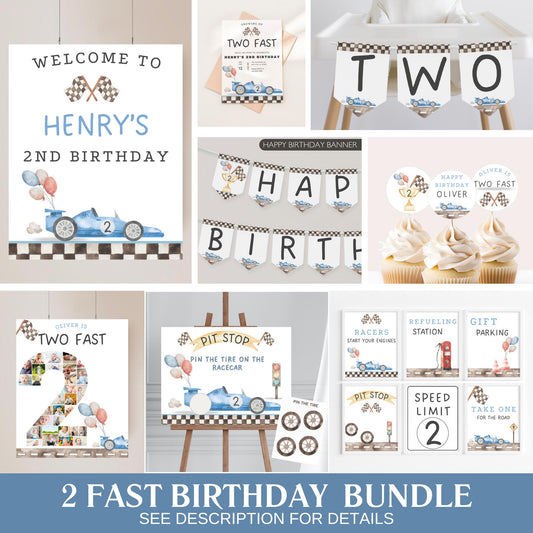 Two Fast Birthday Bundle Two Fast Two Curious Birthday Party Decor Race Car Birthday Vintage Racecar Theme Party Boy 2nd Birthday Decor