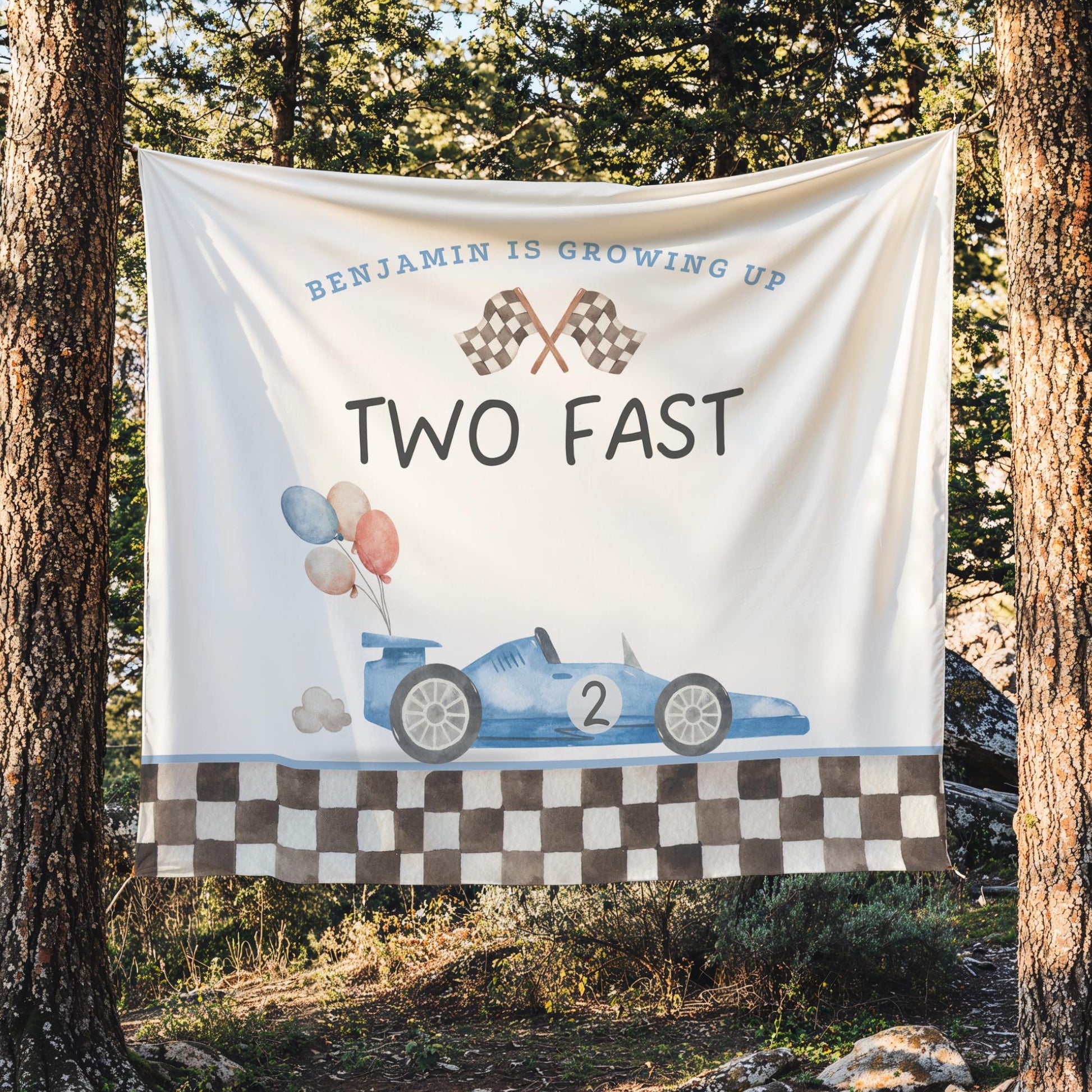 Two Fast Birthday Personalized Banner 2nd Birthday Racecar Party Decor Photo Backdrop Racing Custom Banner Two Fast Two Curious Wall Decor