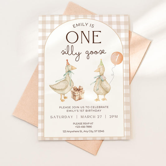 One Silly Goose Birthday Invite Gender Neutral First Birthday 1st Birthday Silly Goose Decor Editable  Invitation Nursery Rhyme Birthday