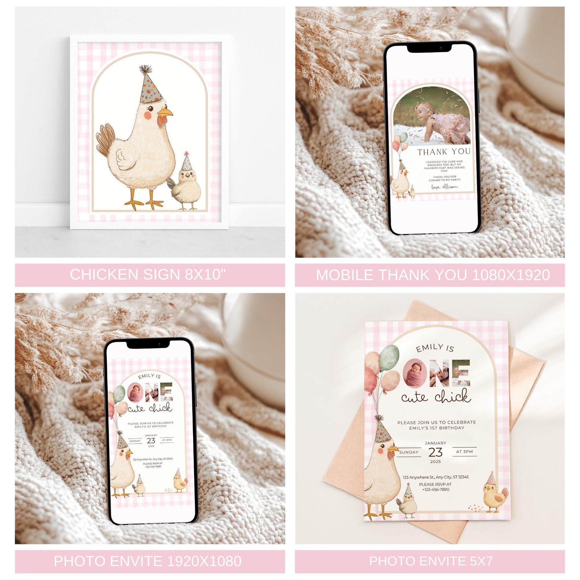 One Cute Chick Birthday Bundle This Chick is One First Birthday Party Decor Chicken 1st Birthday Invite Farm Theme Party Chick Birthday