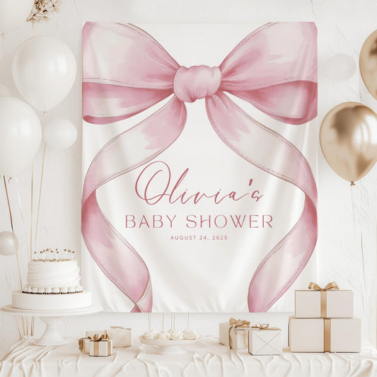 Pink Bow Baby Shower custom Banner Pink Coquette Baby Shower Girl Baby Pink Bow Baby Shower Welcome Sign Coquette photo Backdrop Baby Girl