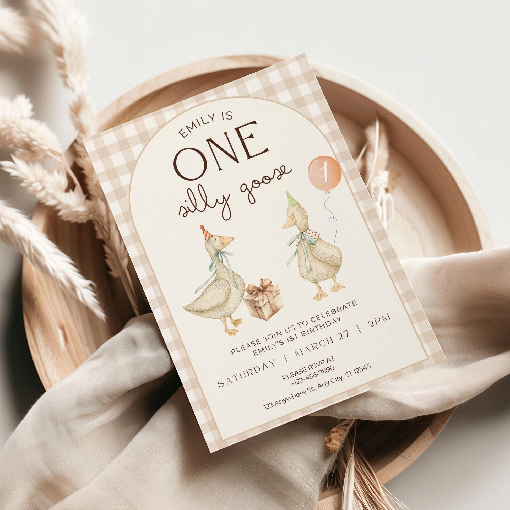 One Silly Goose Birthday Invite Gender Neutral First Birthday 1st Birthday Silly Goose Decor Editable  Invitation Nursery Rhyme Birthday