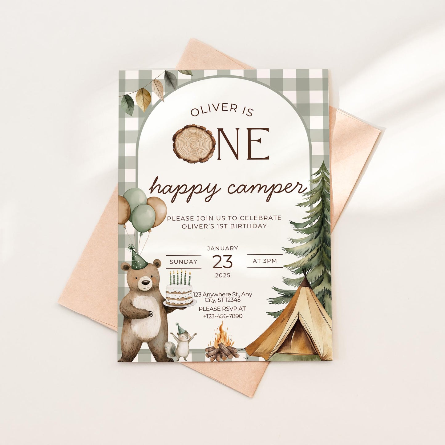 One Happy Camper Birthday Invitation Camping 1st Birthday Invite Boy Happy Camper 1st Birthday Woodland Party Evite Boy Happy Camper Decor