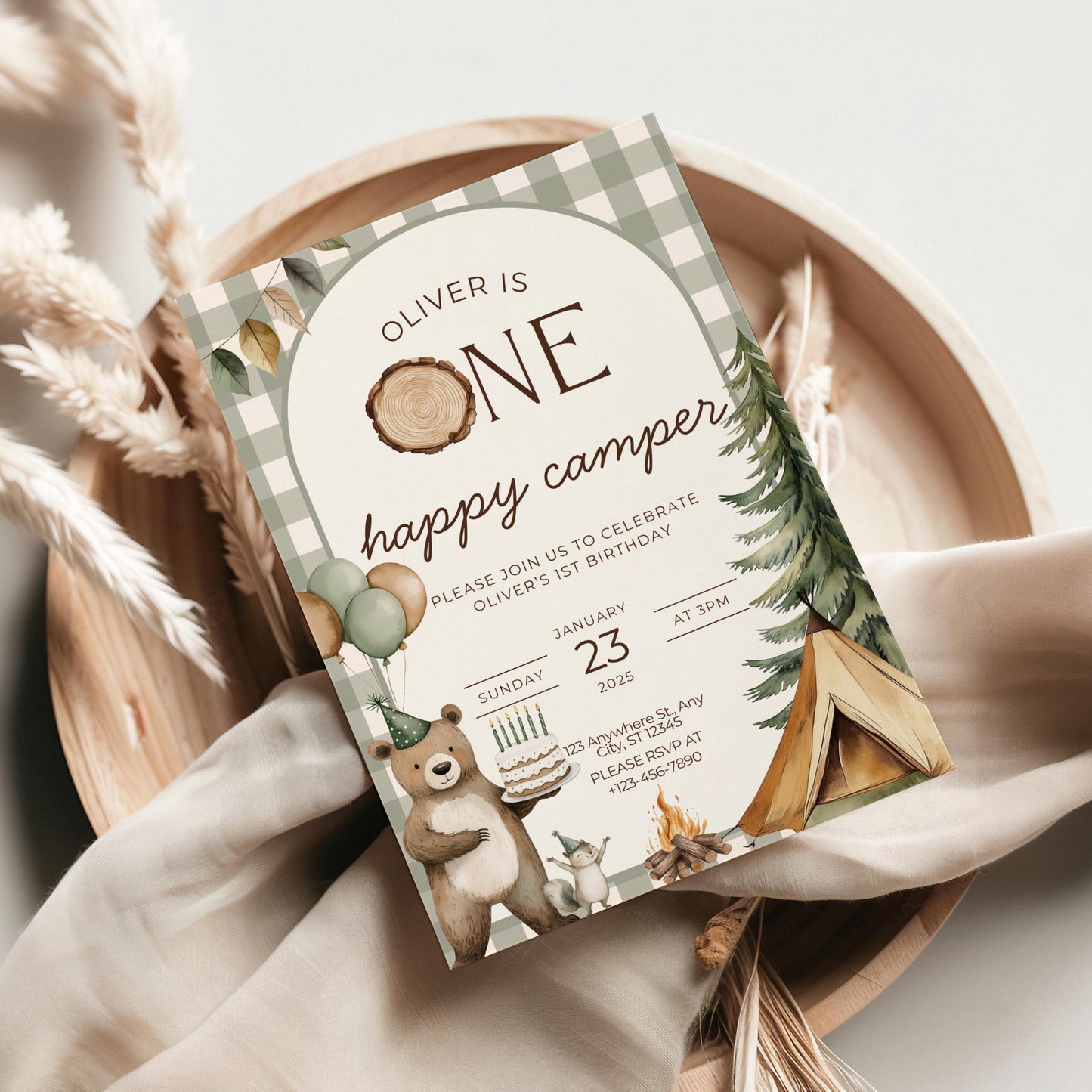 One Happy Camper, Happy Camper Invite, Camping Invitation, 1St Birthday Invite, Boy First Birthday, Digital Invitation, Instant Download, Editable Template, Camping 1St Birthday, Editable Invitation, 1St Birthday Boy, Woodland Invite, Invitation Template