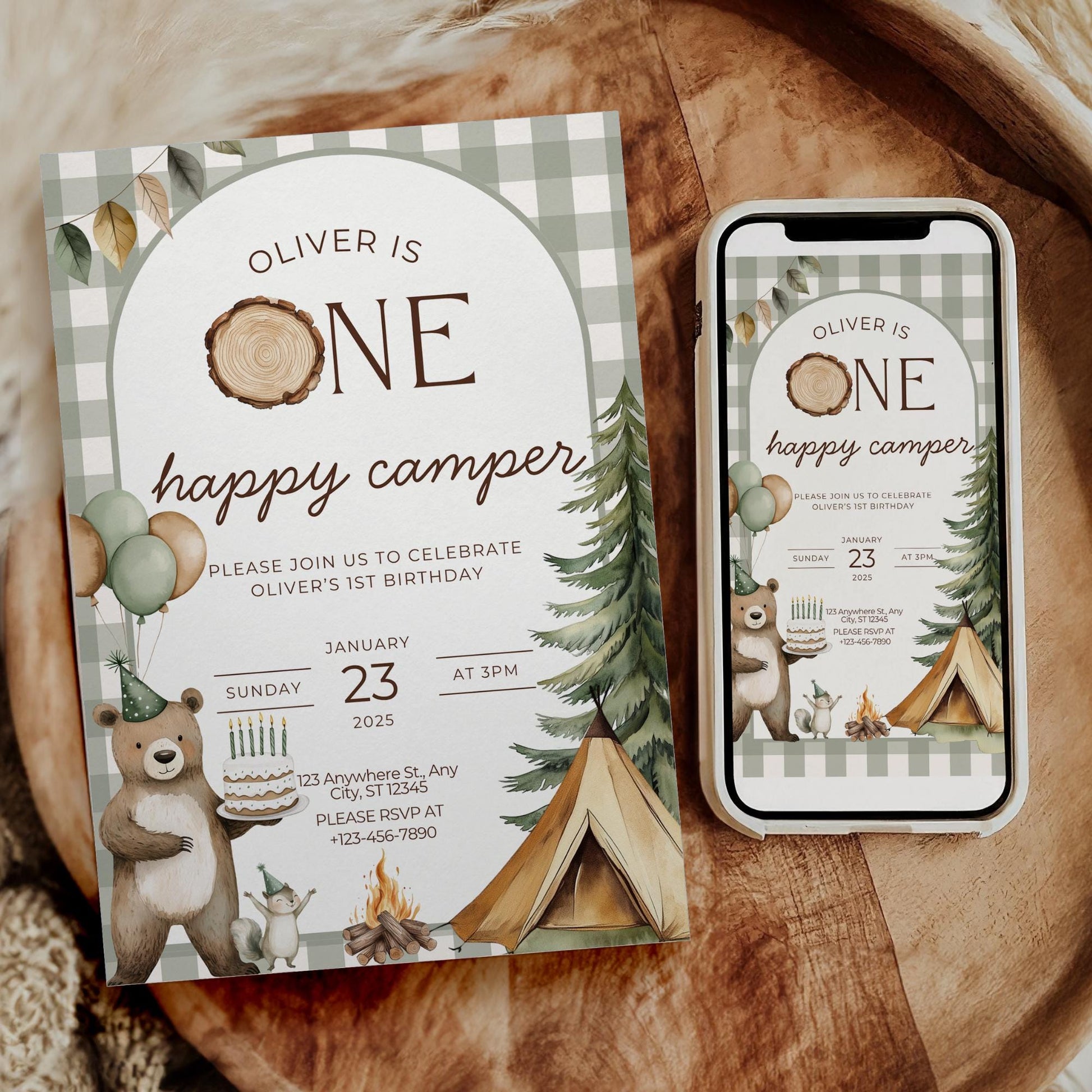 One Happy Camper, Happy Camper Invite, Camping Invitation, 1St Birthday Invite, Boy First Birthday, Digital Invitation, Instant Download, Editable Template, Camping 1St Birthday, Editable Invitation, 1St Birthday Boy, Woodland Invite, Invitation Template