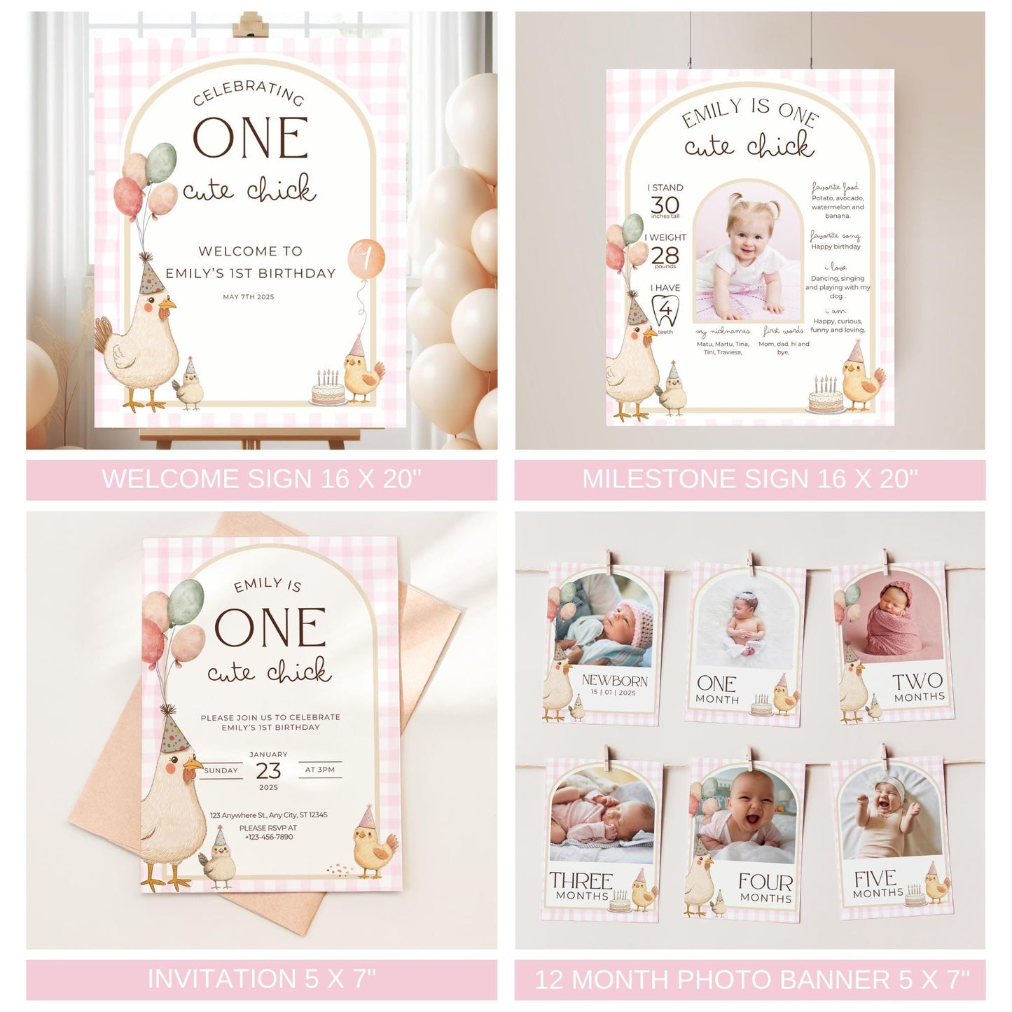 One Cute Chick Birthday Bundle This Chick is One First Birthday Party Decor Chicken 1st Birthday Invite Farm Theme Party Chick Birthday