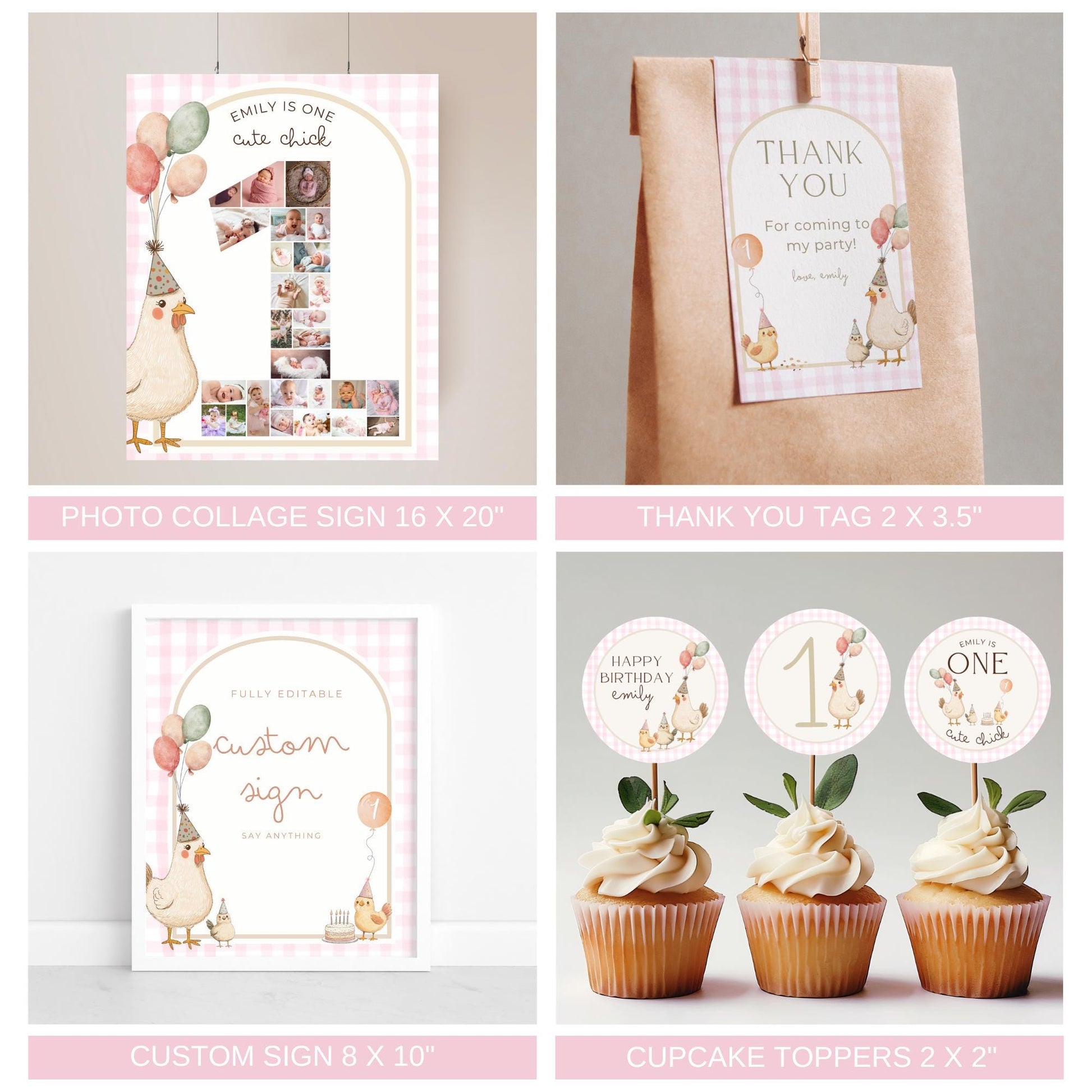 One Cute Chick Birthday Bundle This Chick is One First Birthday Party Decor Chicken 1st Birthday Invite Farm Theme Party Chick Birthday