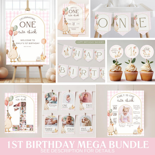One Cute Chick Birthday Bundle This Chick is One First Birthday Party Decor Chicken 1st Birthday Invite Farm Theme Party Chick Birthday