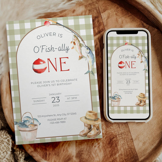 Fishing 1st Birthday Invitation O Fishally One Invite Reel in the Fun Fish Theme Ofishally One Boy Birthday Party Editable Template