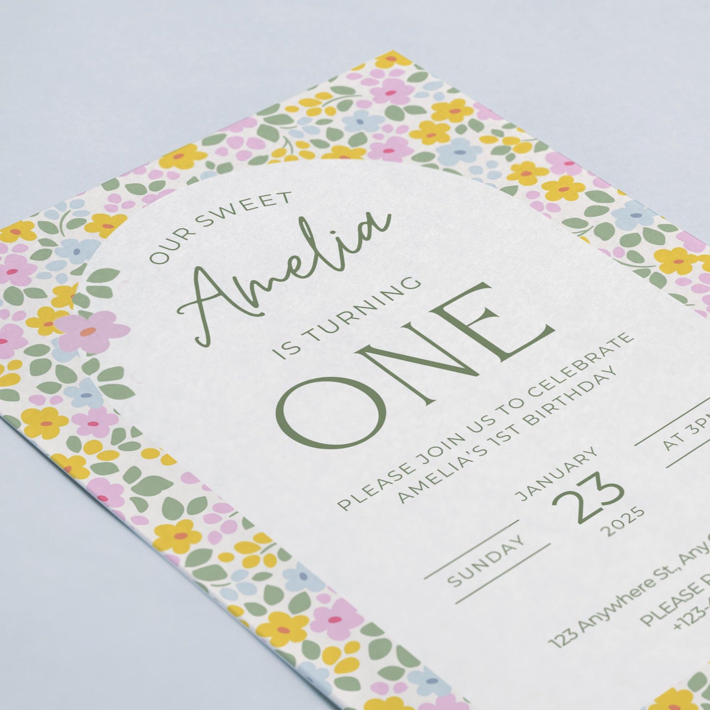 Floral First Birthday Invitation - Editable Digital Download - Girl Birthday Invite- Instant Download - Boho Floral Birthday Invite - Canva