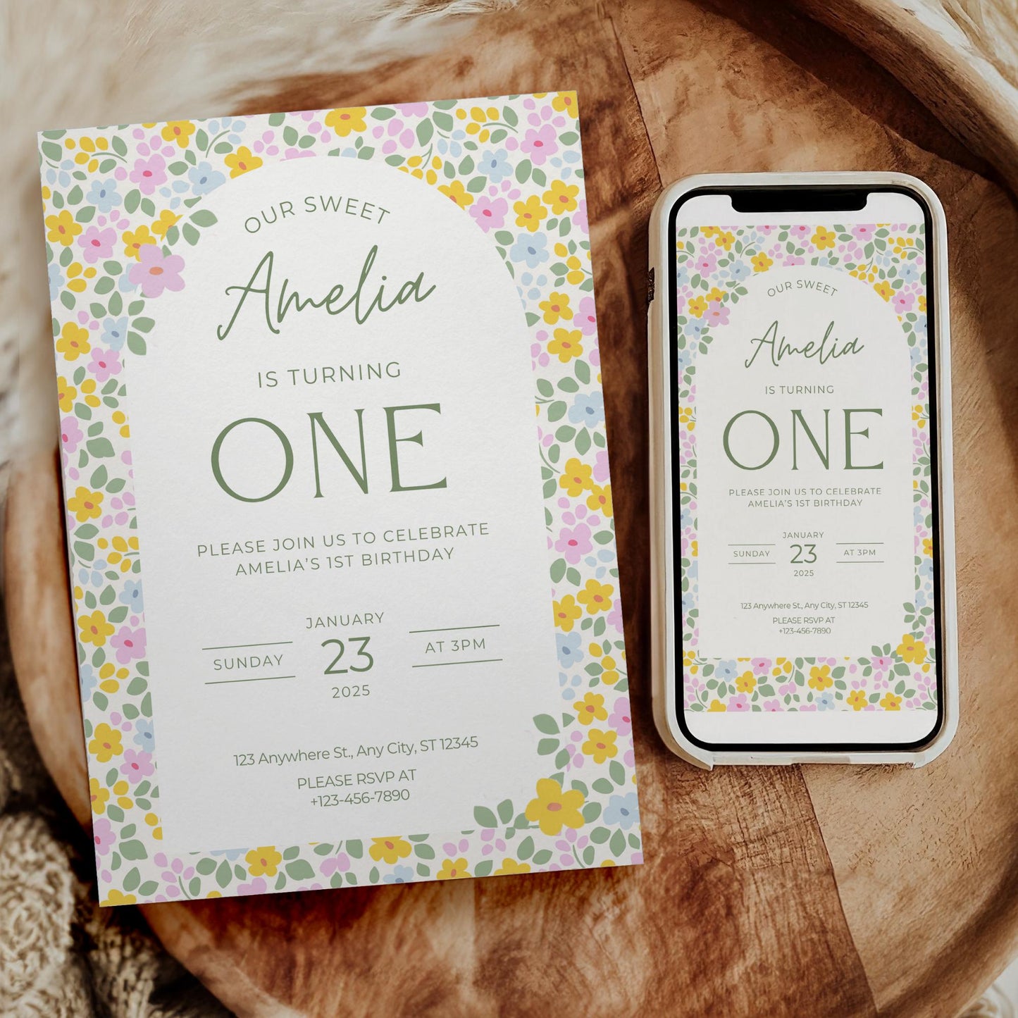 Floral First Birthday Invitation, Digital Printable Invite, Custom Party Celebration Design