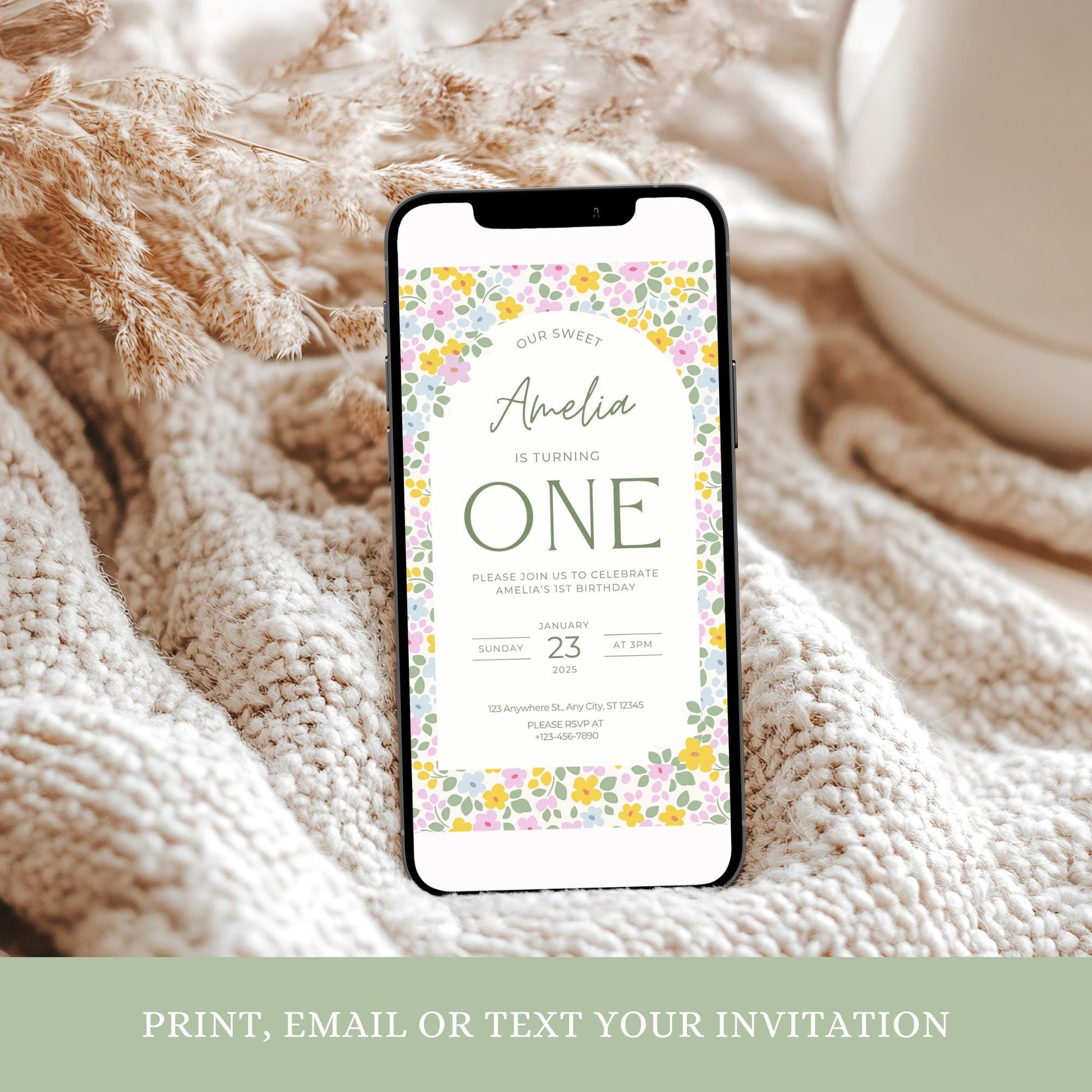 Floral First Birthday Invitation, Custom Digital Invite, Printable Party Celebration Design