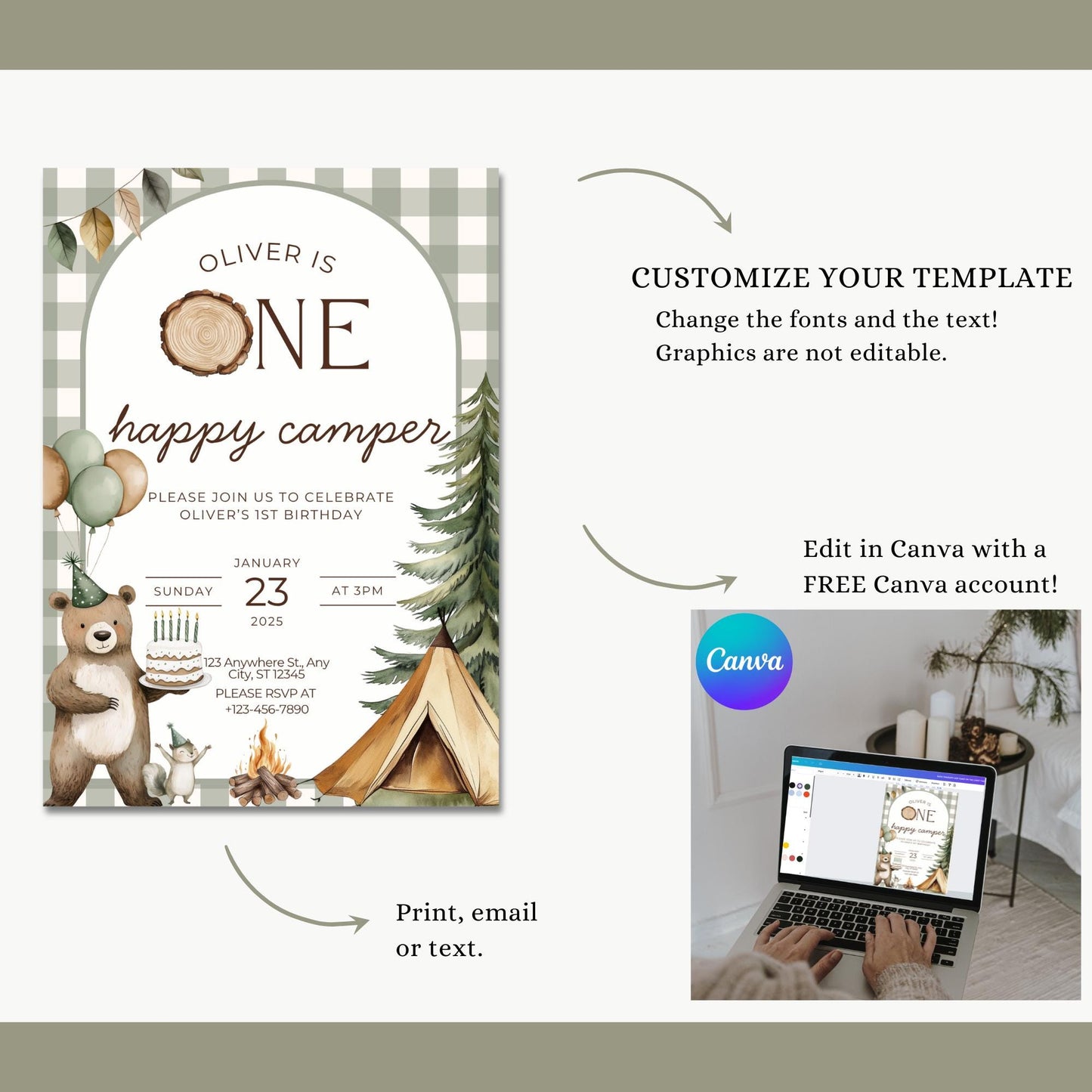 One Happy Camper Birthday Invitation Template, Camping 1st Birthday Invite, Woodland Animals Birthday, Editable Template, Camping Invitation