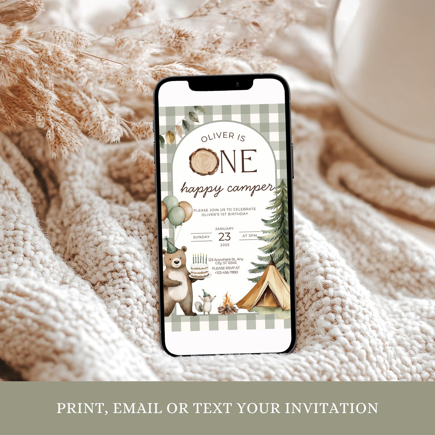 ONE Happy Camper Birthday Invitation First Birthday Camping Invite Woodland Animal Forest Theme Digital Download