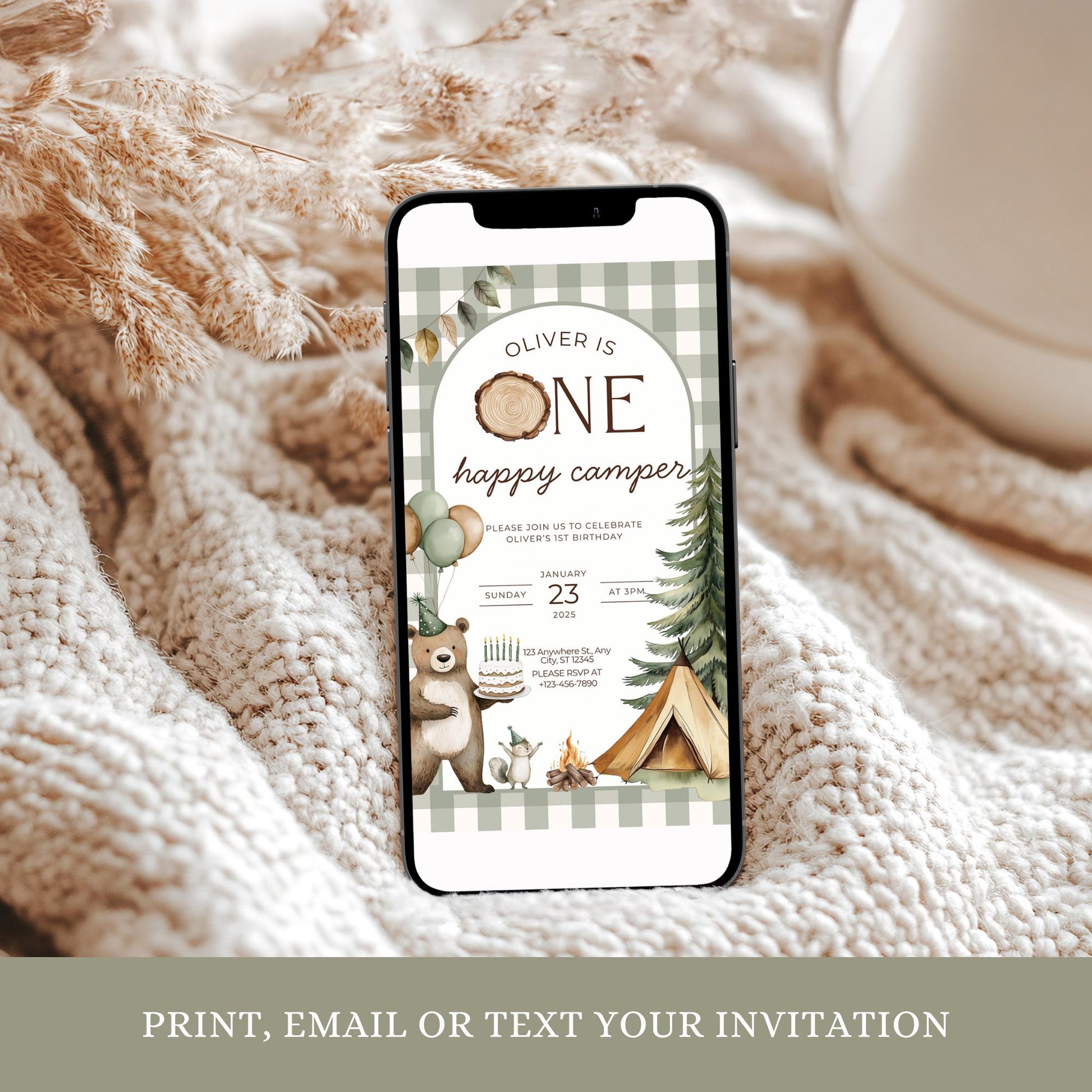 ONE Happy Camper Birthday Invitation First Birthday Camping Invite Woodland Animal Forest Theme Digital Download