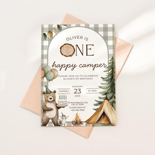 One Happy Camper Birthday Invitation Camping 1st Birthday Invite Boy Happy Camper 1st Birthday Woodland Party Evite Boy Happy Camper Decor