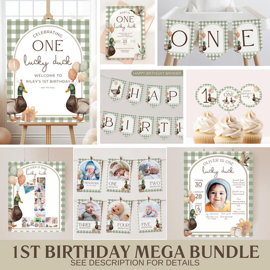 One Lucky Duck Birthday Invite Duck First Birthday Party Decor Mallard Duck 1st Birthday Bundle Duck Theme Party First Hunt Birthday Decor
