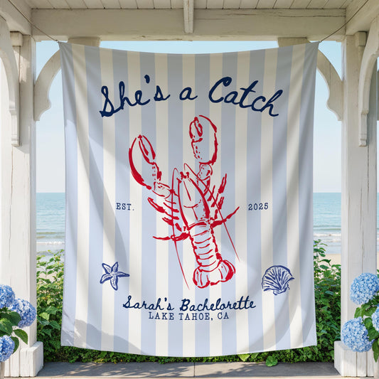 She&#39;s a Catch Bachelorette Banner Custom Lobster Theme Bachelorette Decor East Coast Bridal Shower Photo Backdrop Coastal Bachelorette Sign