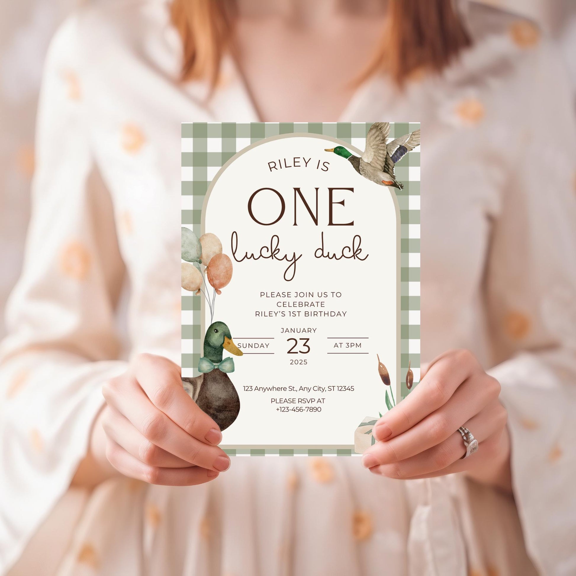 One Lucky Duck Birthday Invitation Boys First Birthday Invite Mallard Duck Watercolor Duck Gingham 1st Birthday Party Invite