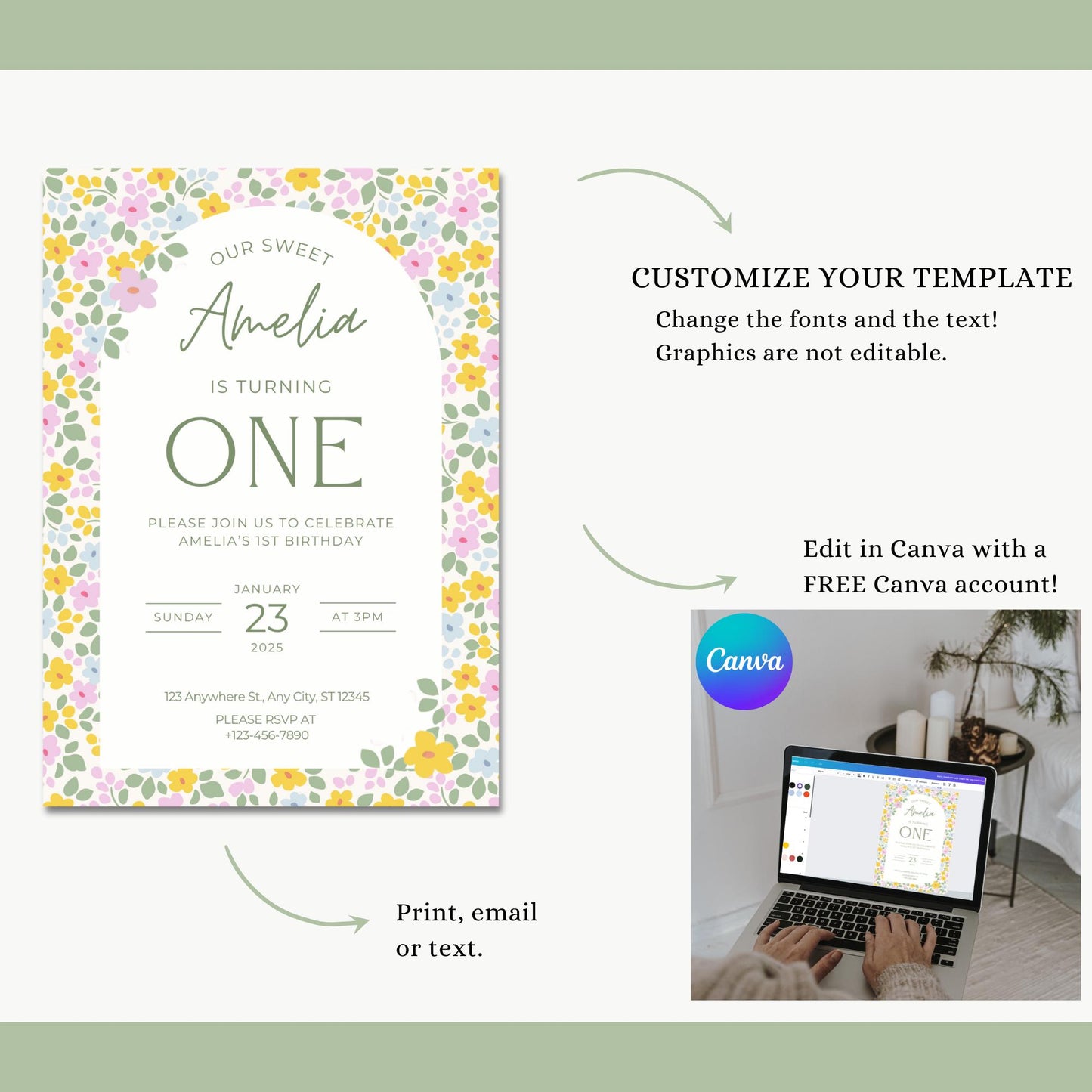 Floral First Birthday Invitation, Digital Party Invite, Custom Printable Celebration Design