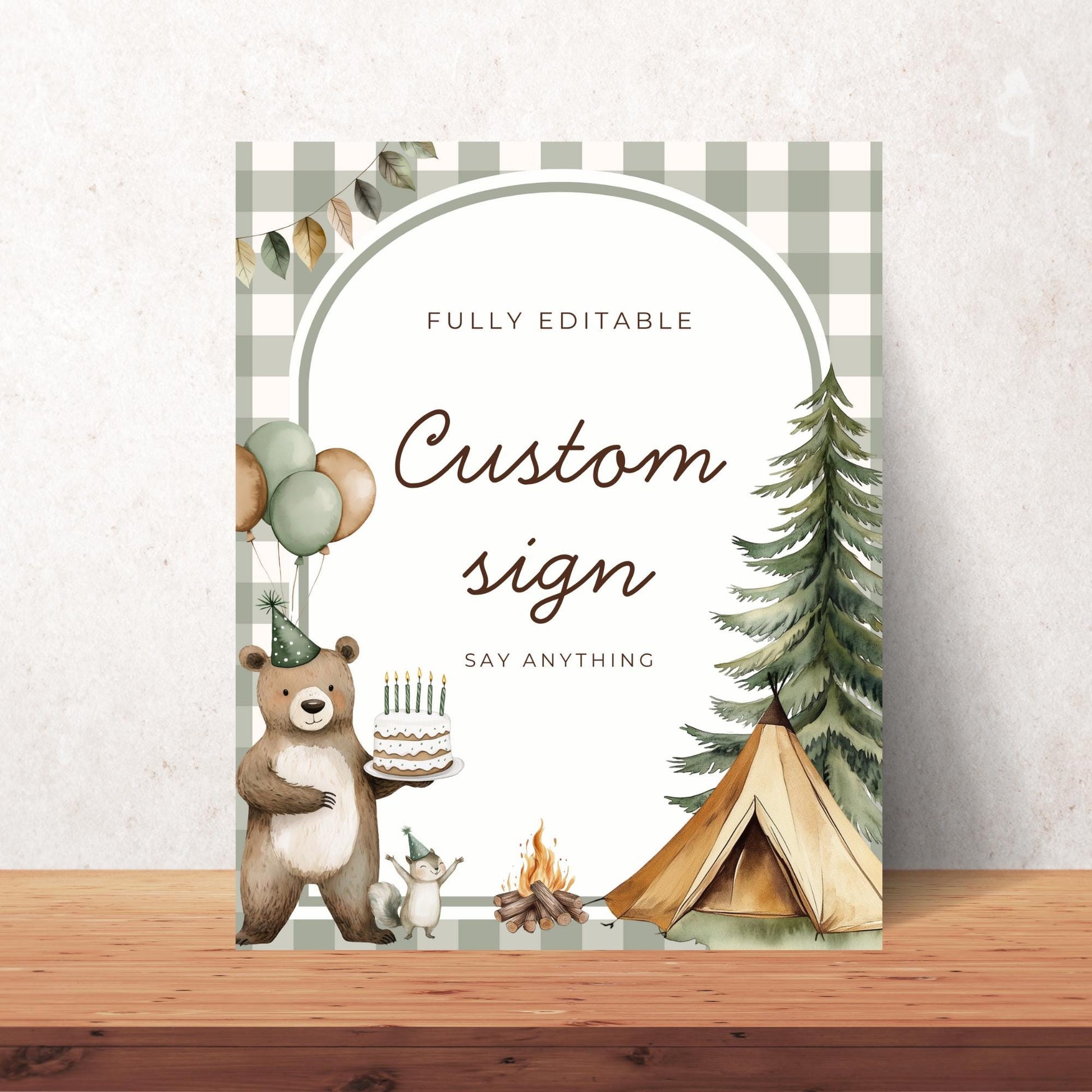 One Happy Camper Birthday Editable Custom Sign Camping Theme 1st Birthday Sign Woodland First Birthday Table Sign Lumberjack party decor
