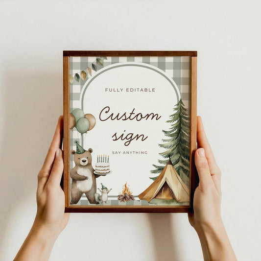 One Happy Camper Birthday Editable Custom Sign Camping Theme 1st Birthday Sign Woodland First Birthday Table Sign Lumberjack party decor
