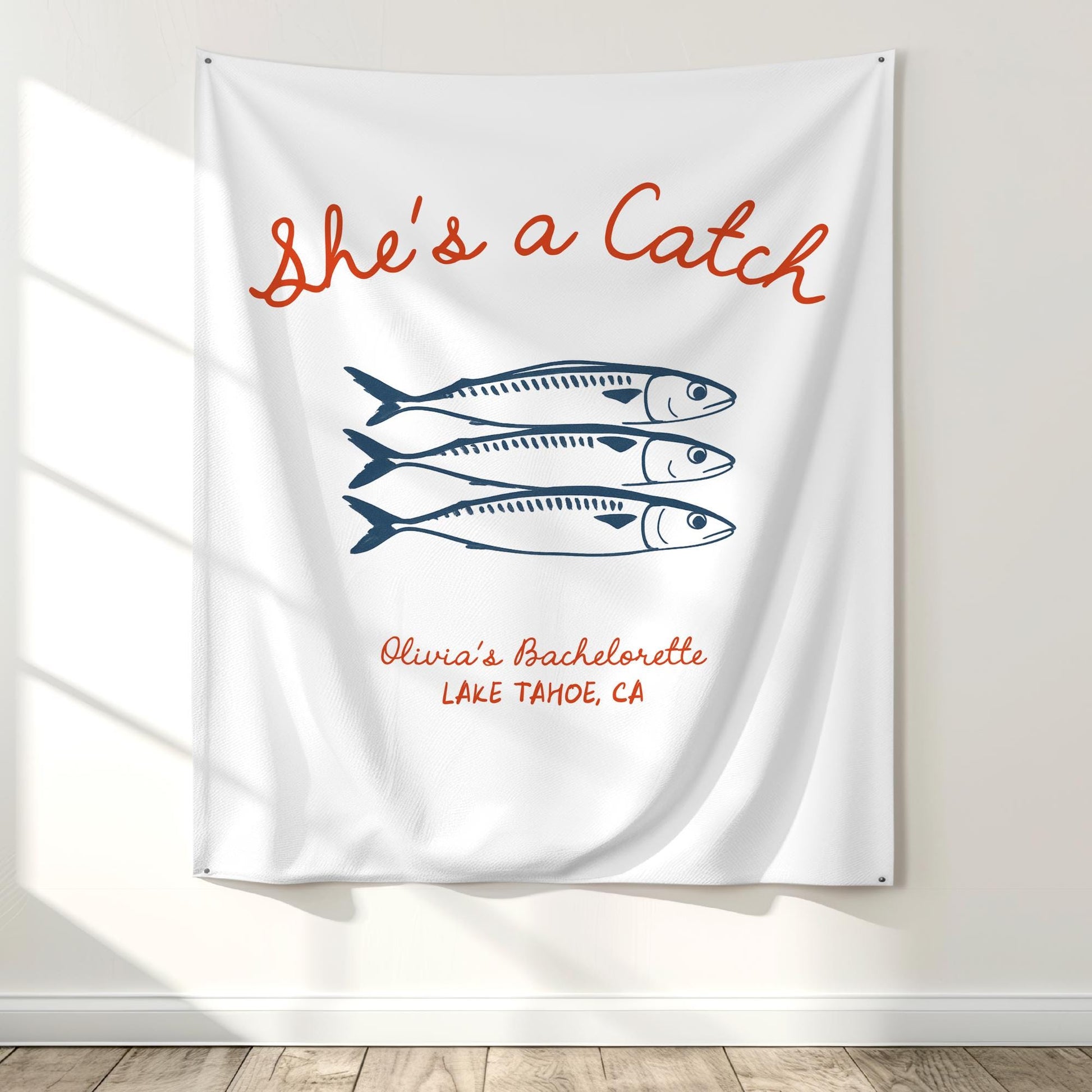 She&#39;s a Catch Bachelorette Banner Custom Fishing Theme Bachelorette Decor East Coast Bridal Shower Photo Backdrop Coastal Bachelorette Sign