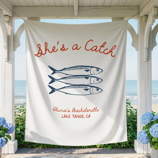She&#39;s a Catch Bachelorette Banner Custom Fishing Theme Bachelorette Decor East Coast Bridal Shower Photo Backdrop Coastal Bachelorette Sign