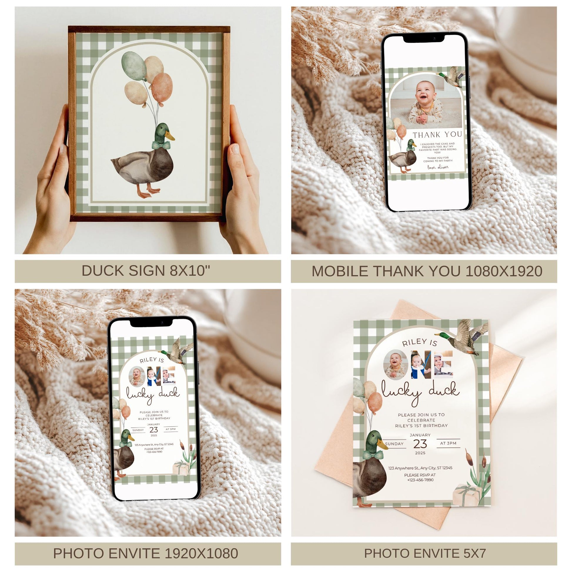 One Lucky Duck Birthday Invite Duck First Birthday Party Decor Mallard Duck 1st Birthday Bundle Duck Theme Party First Hunt Birthday Decor