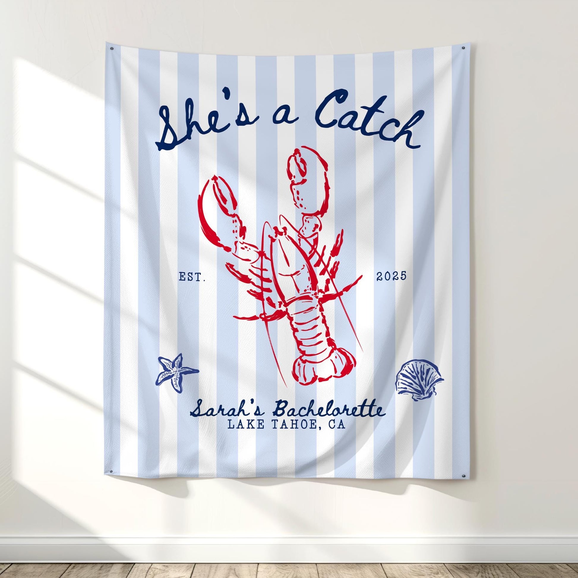 She&#39;s a Catch Bachelorette Banner Custom Lobster Theme Bachelorette Decor East Coast Bridal Shower Photo Backdrop Coastal Bachelorette Sign