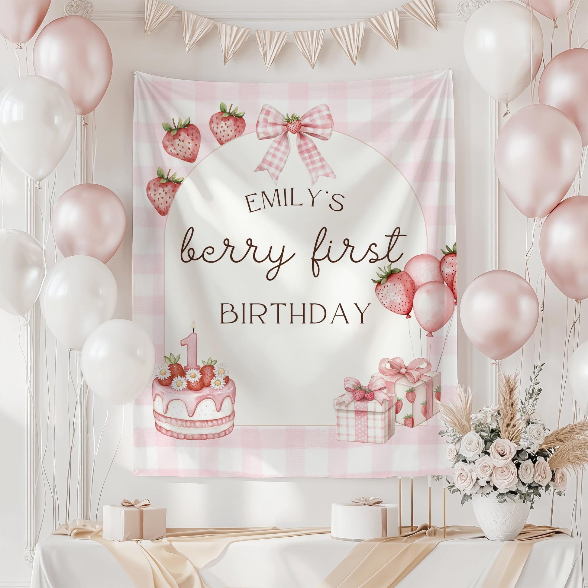 Berry First Birthday Tapestry Decor Personalized Girl 1st Birthday Banner Strawberry Birthday Welcome Sign Berry Sweet to be One Party Decor
