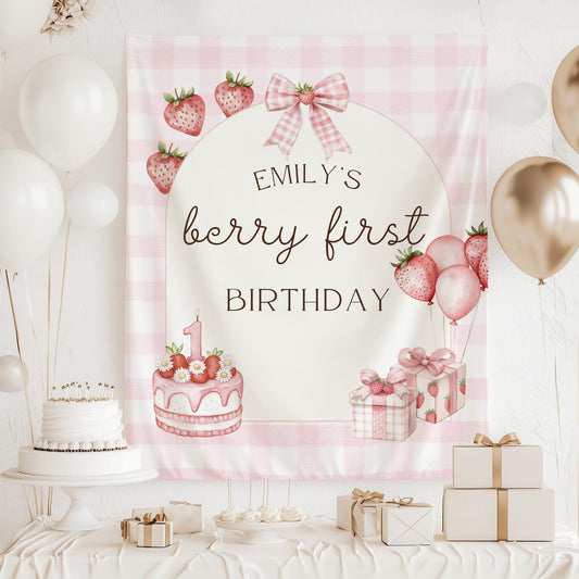 Berry First Birthday Tapestry Decor Personalized Girl 1st Birthday Banner Strawberry Birthday Welcome Sign Berry Sweet to be One Party Decor